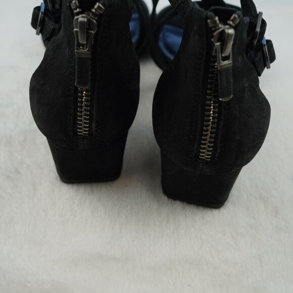 Eileen Fisher Kyra Black Suede Strappy Sandals 7.5 Leather Sole Block Heel Zip - Picture 4 of 11